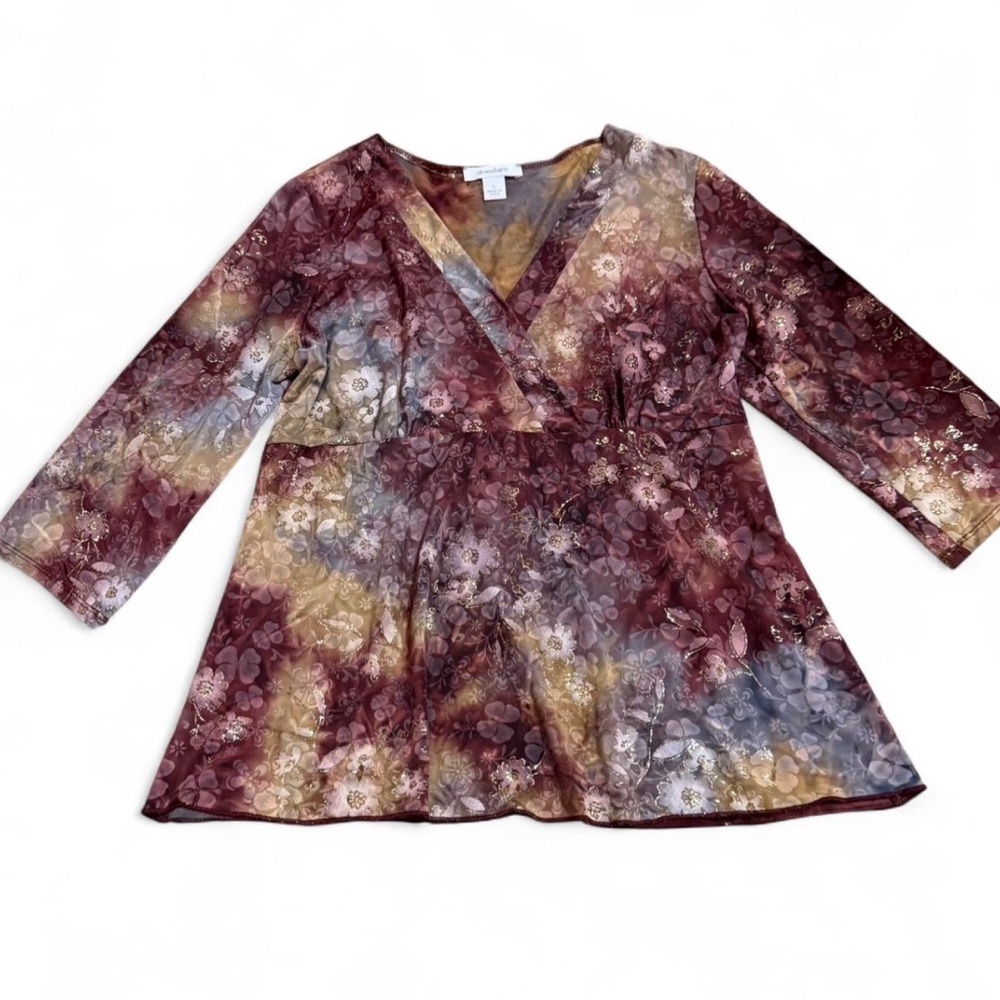 Dress Barn Floral Blouse Gold Accents